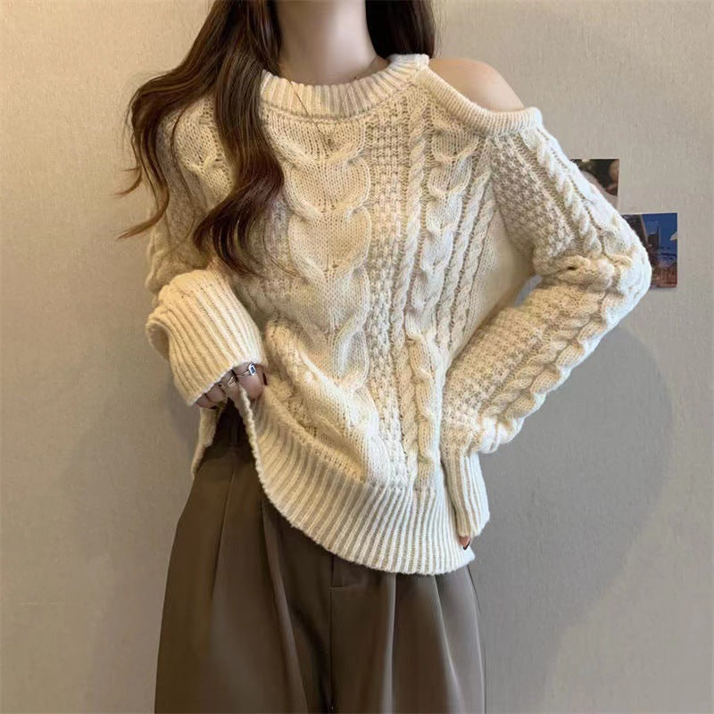 Damen Grobstrickpullover Asymmetrisch Zopfmuster Eveloria