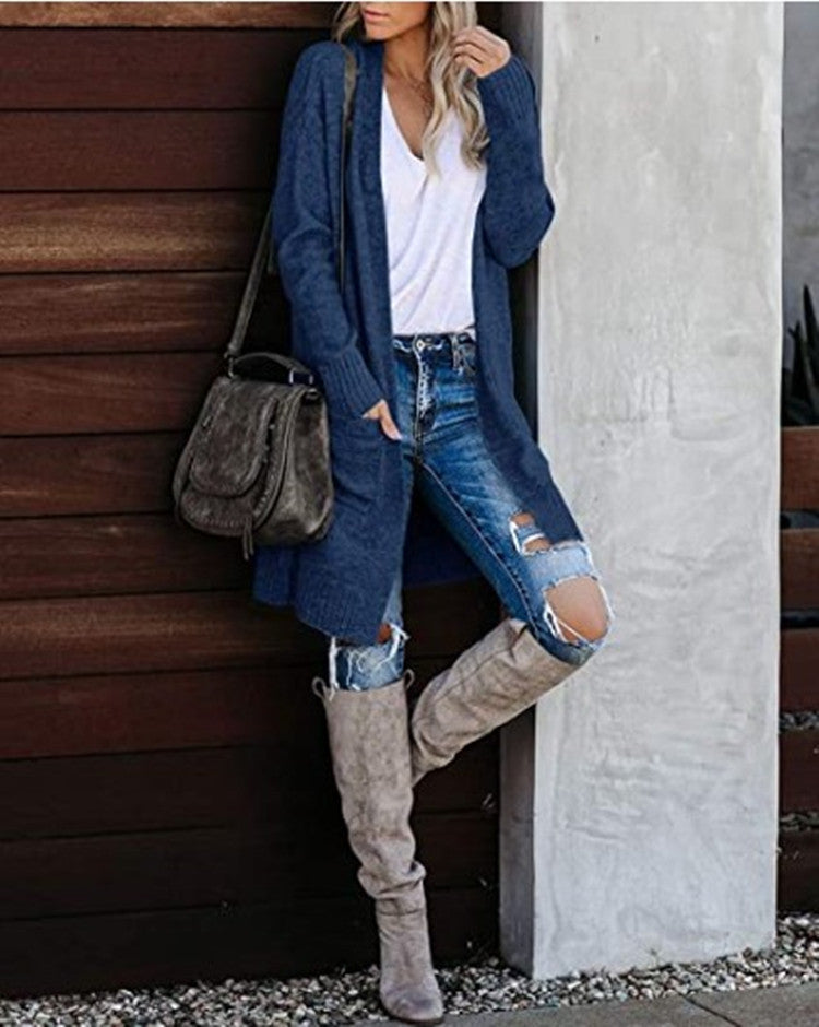 Damen Grobstrick Cardigan Lässig Mit Taschen Beige