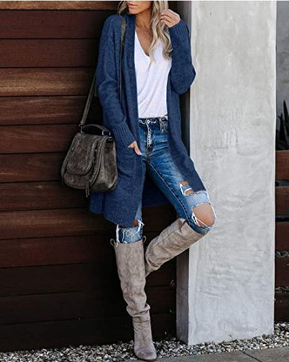 Damen Grobstrick Cardigan Lässig Mit Taschen Beige