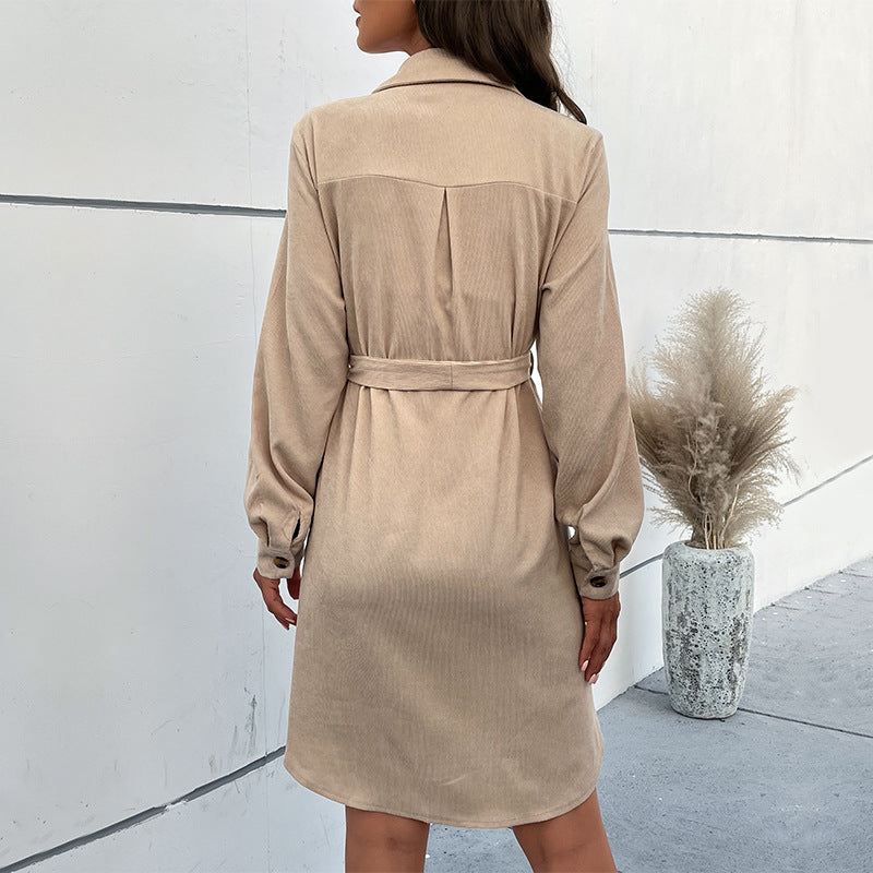 Damen Hemdblusenkleid Knielang mit Bindegürtel