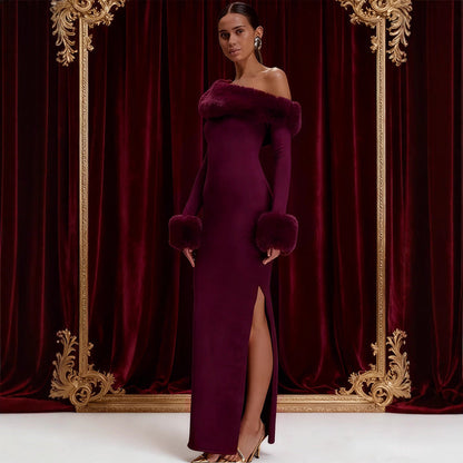 Damen Maxikleid Langarm Schulterfrei mit Fellakzenten