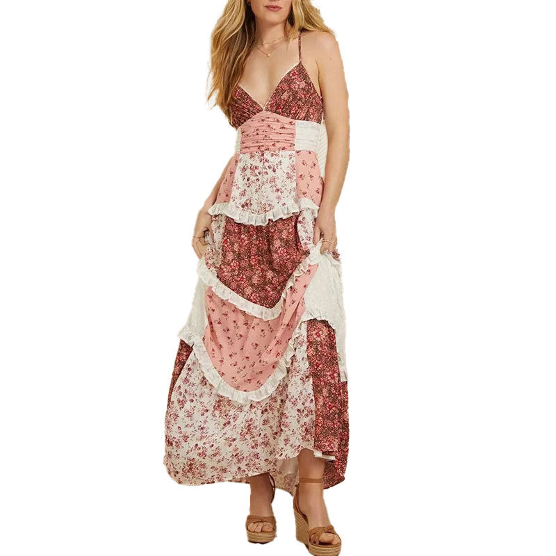 Damen Maxikleid Rüschen Florales Patchwork Design