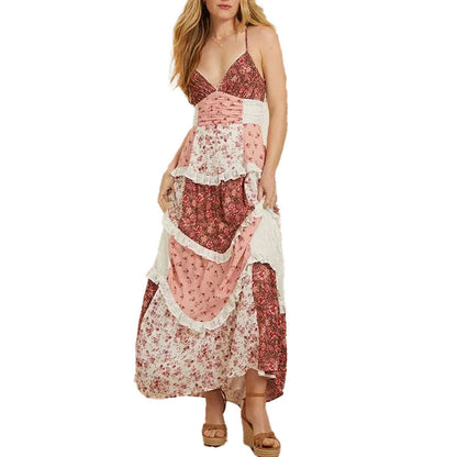 Damen Maxikleid Rüschen Florales Patchwork Design