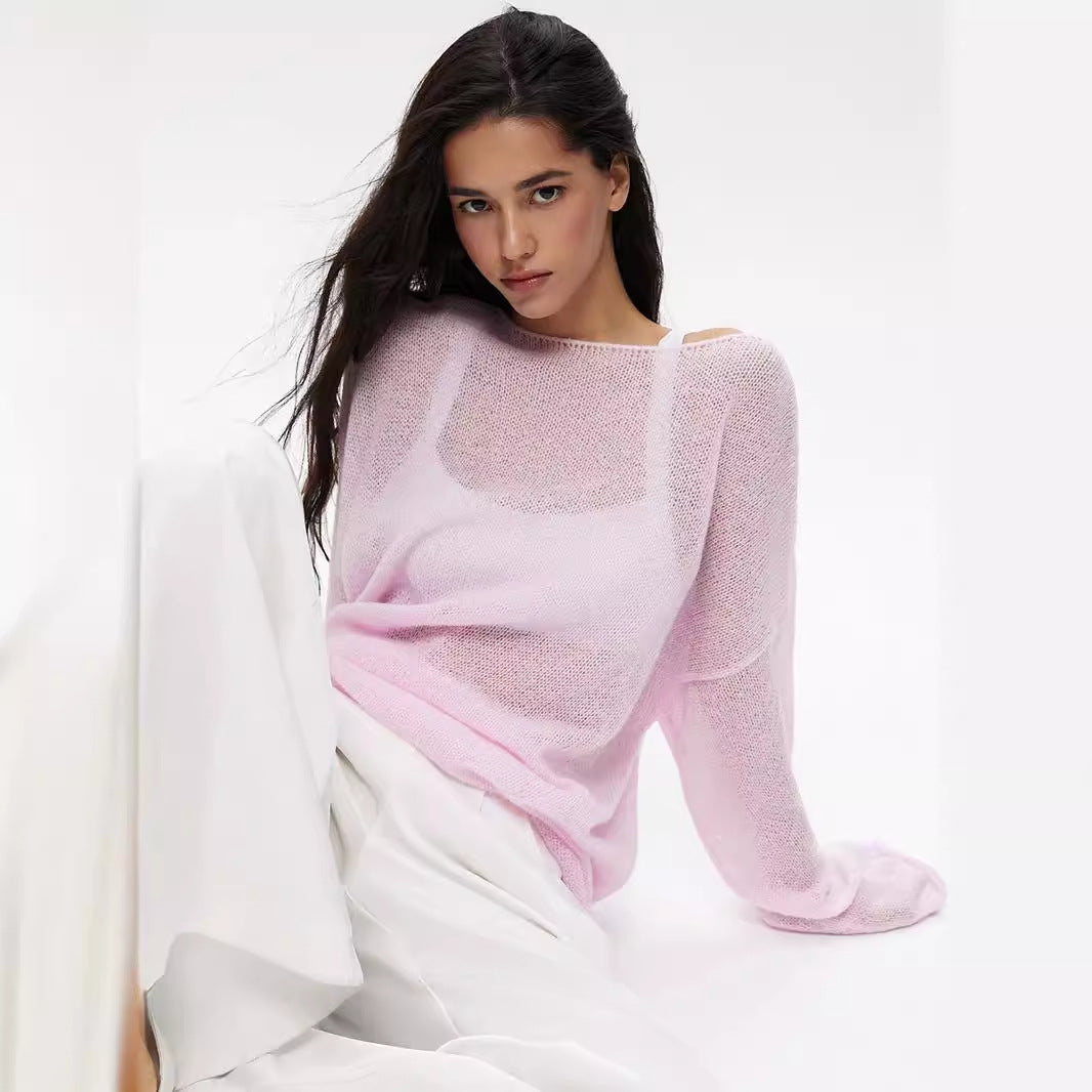 Damen Pullover Weite Ärmel Feines Lochstrickdesign Beige