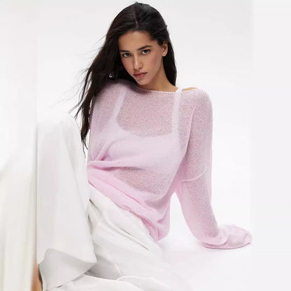 Damen Pullover Weite Ärmel Feines Lochstrickdesign Beige