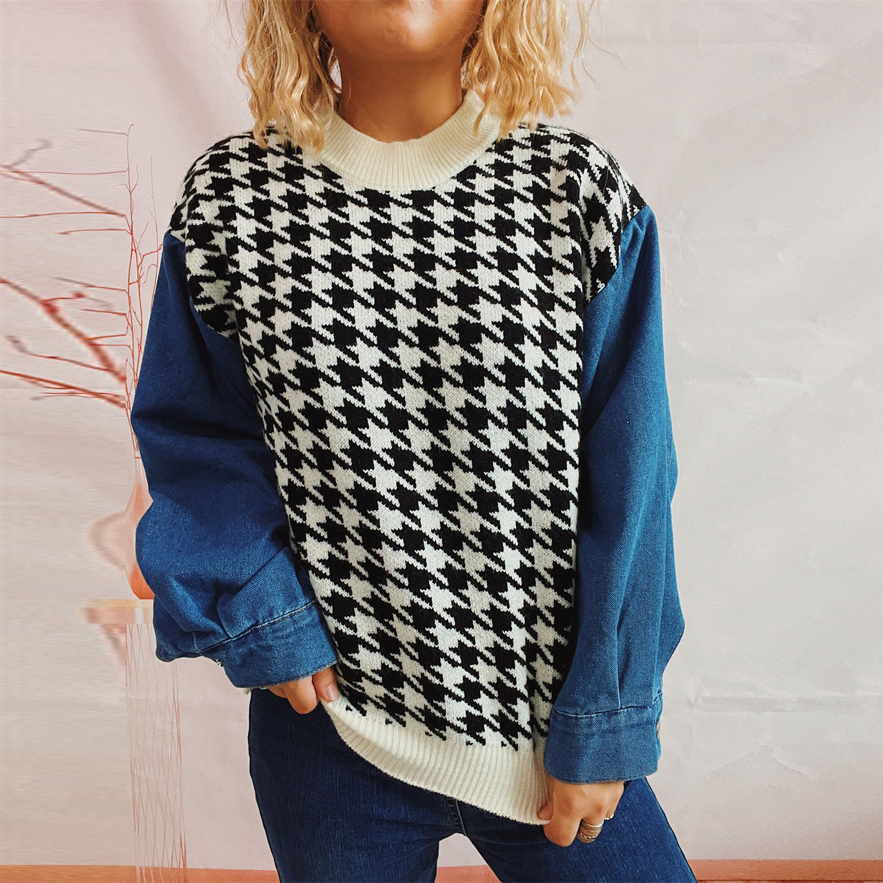 Damen Pullover Hahnentrittmuster Denim Ärmel Blau