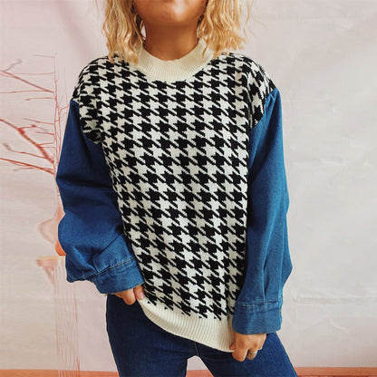 Damen Pullover Hahnentrittmuster Denim Ärmel Blau