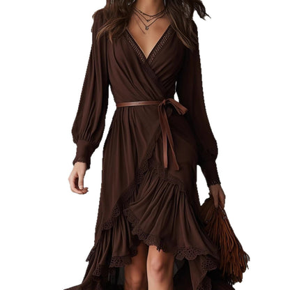 Damen Wickelkleid Spitzendetails Fließender Saum Eveloria