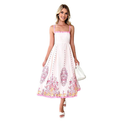Damen Maxikleid Sommer florales Design Volantabschluss Eveloria
