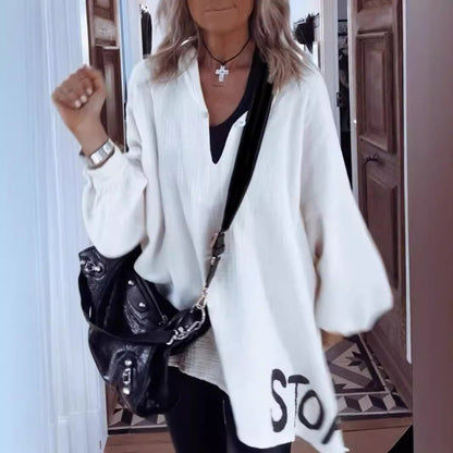 Damen Oversize-Shirt V-Ausschnitt Voluminöse Ärmel Eveloria