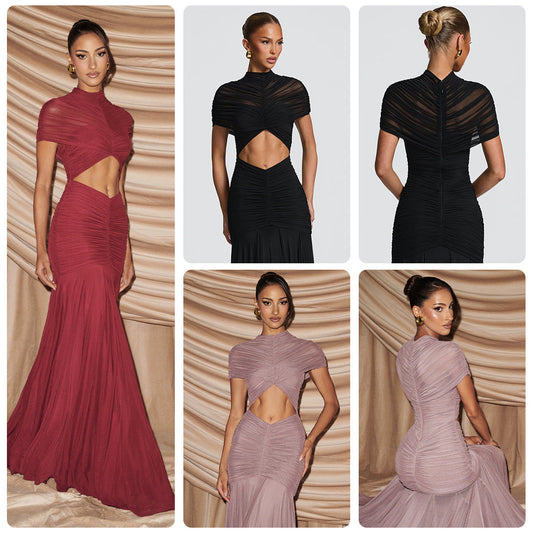 Damen Abendkleid Cut-Out-Design gefalteter Stoff Schwarz Eveloria - Eveloria