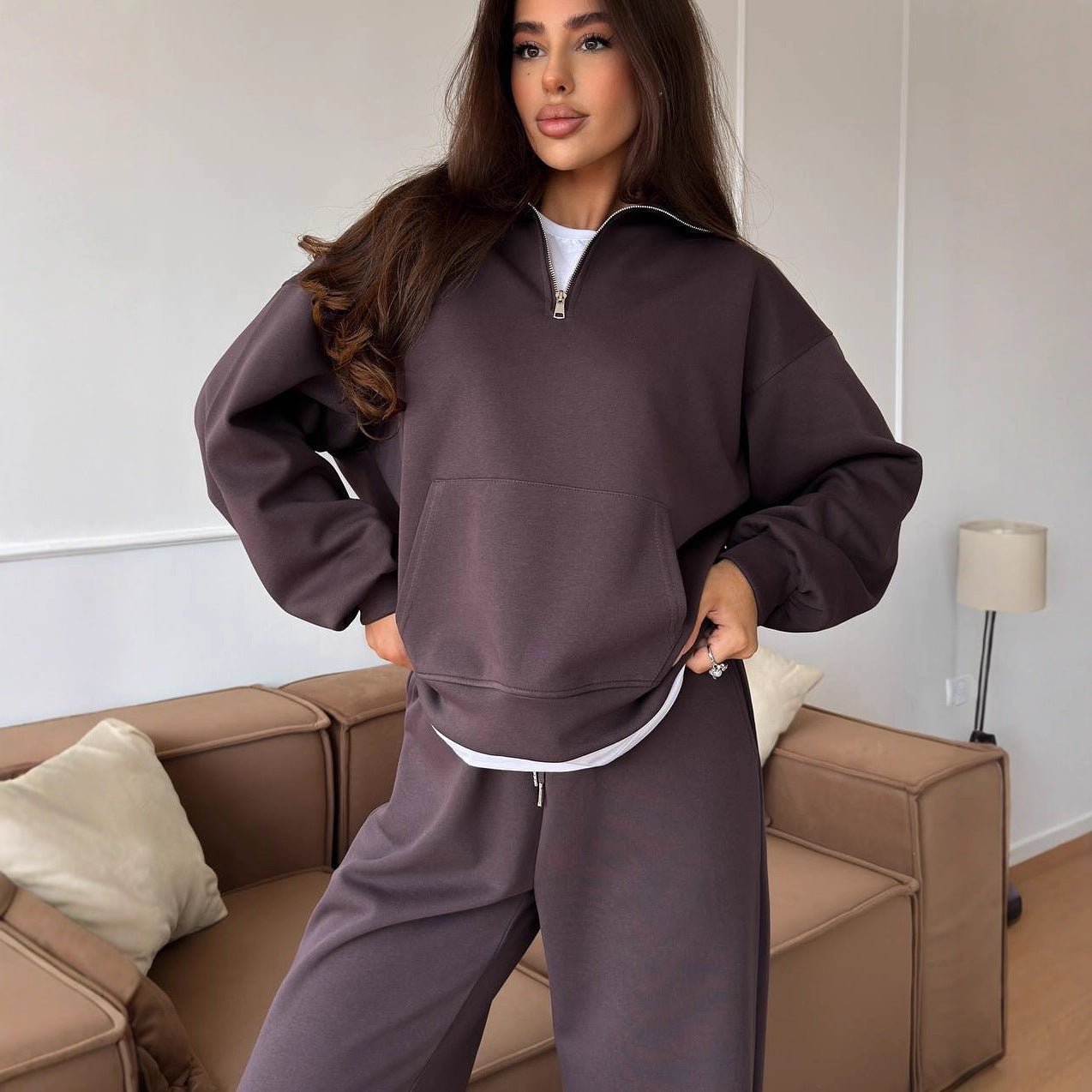 Damen Sportanzug Relaxed Fit Hoher Kragen Praktische Taschen