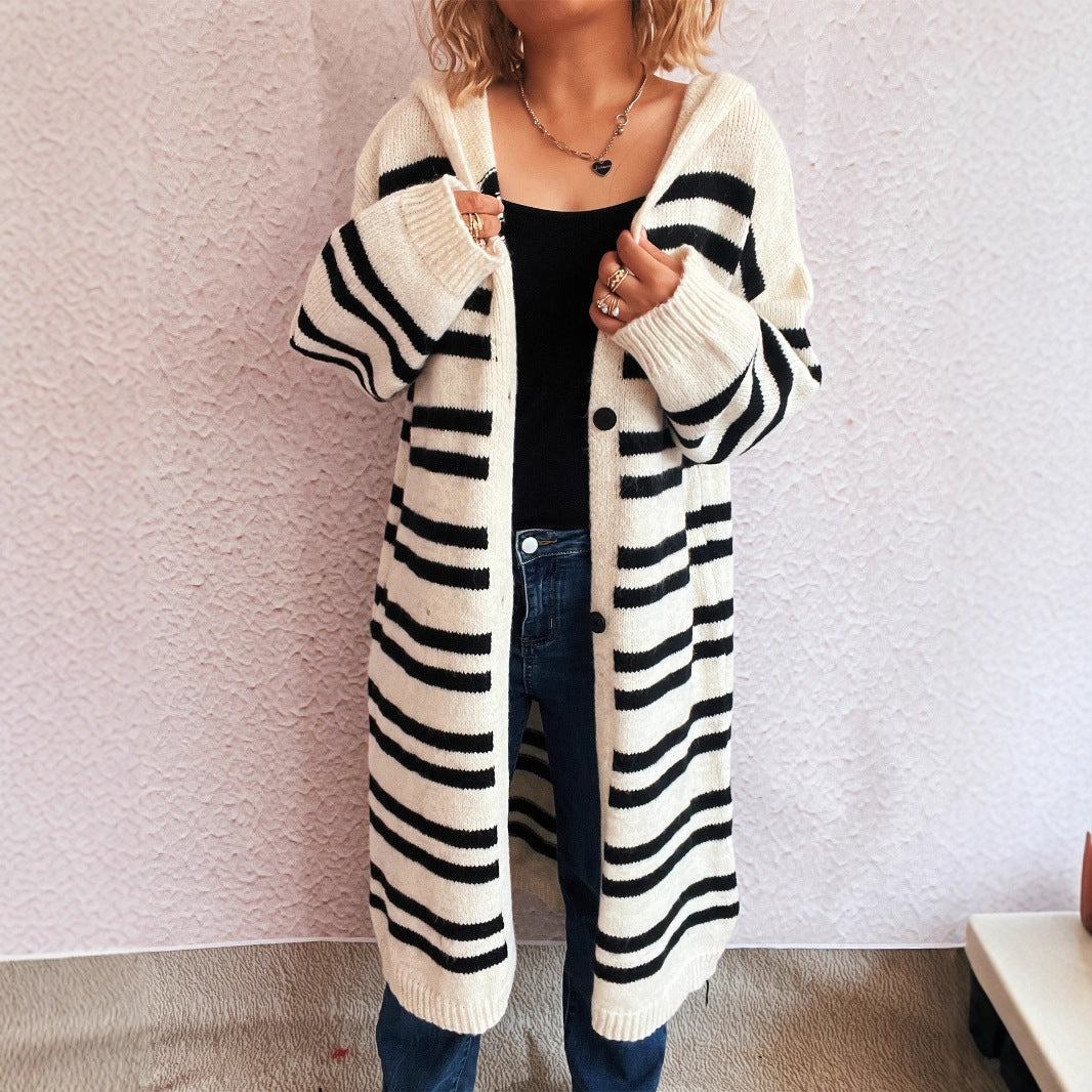 Damen Strickcardigan Hochgeschlossener Kragen Streifenmuster Beige - Eveloria