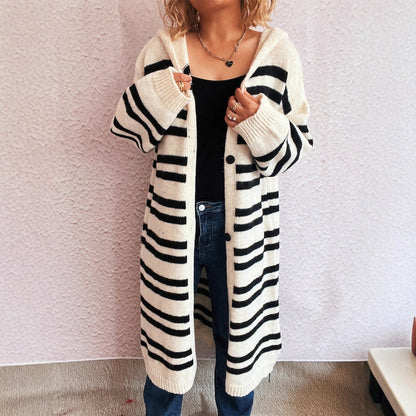 Damen Strickcardigan Hochgeschlossener Kragen Streifenmuster Beige - Eveloria