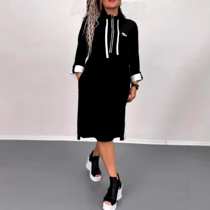 Damen Kapuzenkleid mit Taschen Farbkontrast