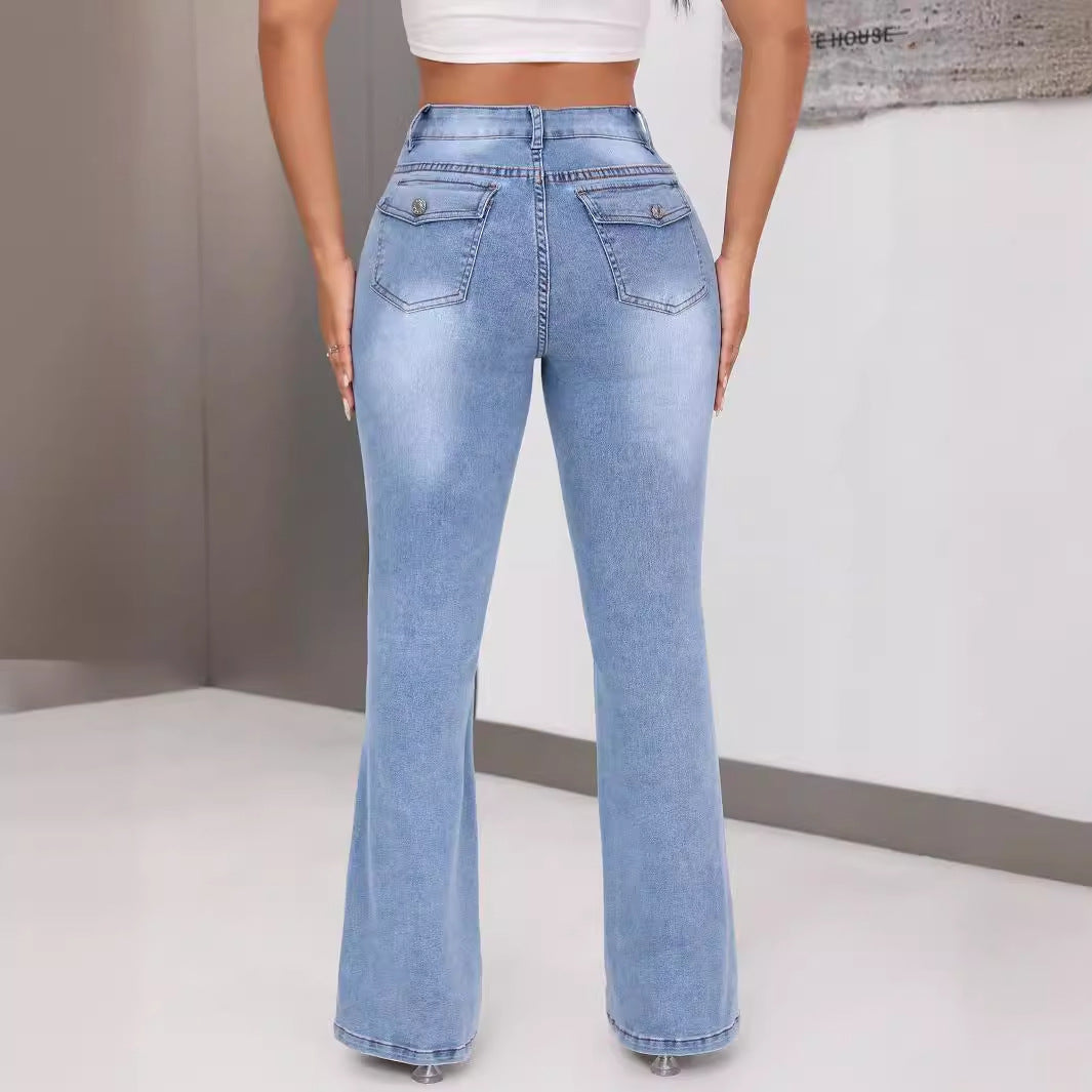 Damen Bootcut Jeans Hochbund Ausgefallenes Design Eveloria