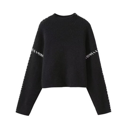 Damen Strickpullover Hochärmelig Kontraststich