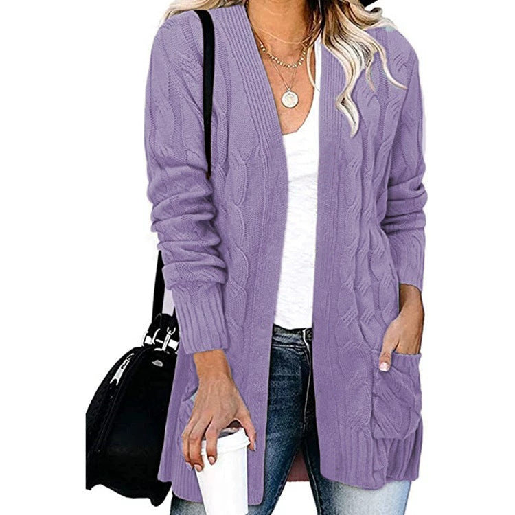 Damen Strickjacke Kabelmuster Offene Taschen Eveloria