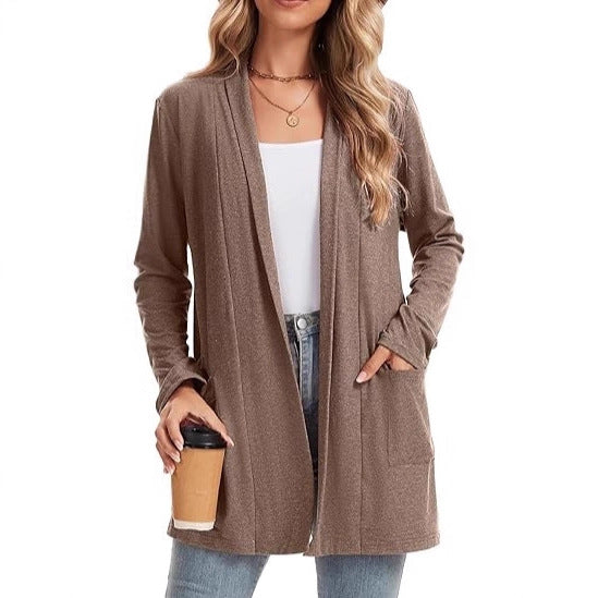 Damen Langarm-Cardigan Offene Front Taschen Beige