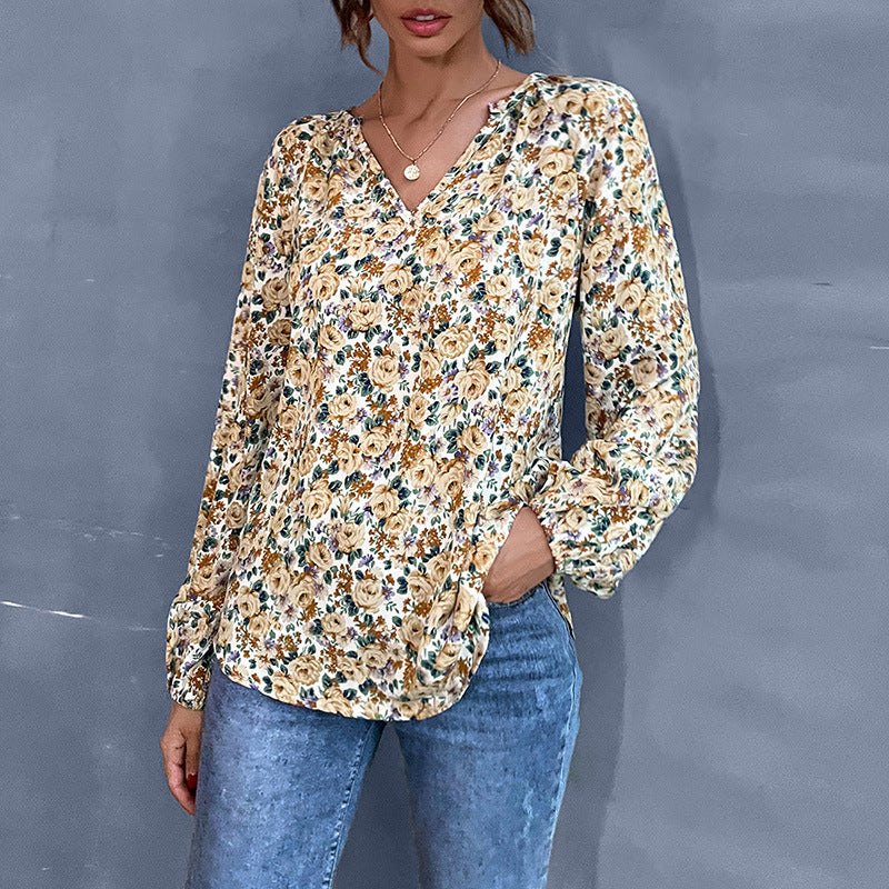 Damen Bluse Floralmuster Geraffte Ärmel - Eveloria