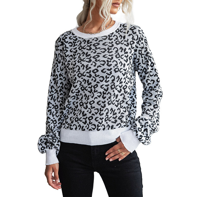 Damen Pullover Leopardenmuster Breite Bündchen Eveloria