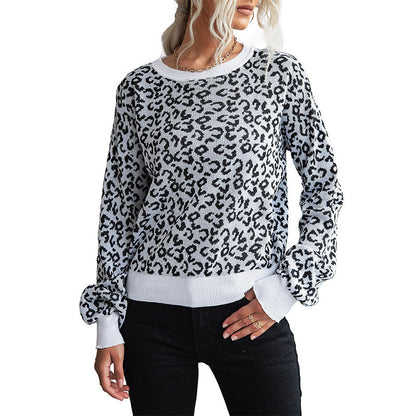 Damen Pullover Leopardenmuster Breite Bündchen Eveloria