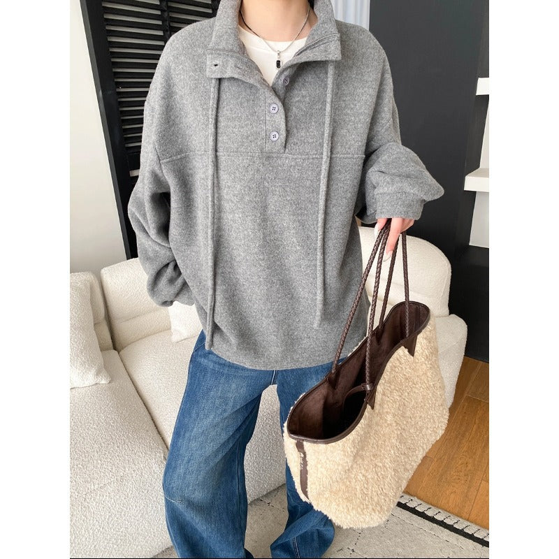 Damen Fleece-Pullover Lässig Knopfdetails Hocher Kragen Beige - Eveloria