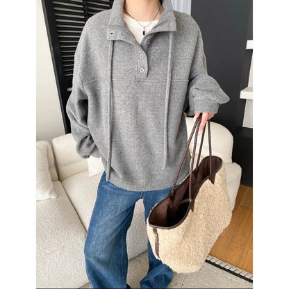 Damen Fleece-Pullover Lässig Knopfdetails Hocher Kragen Beige - Eveloria