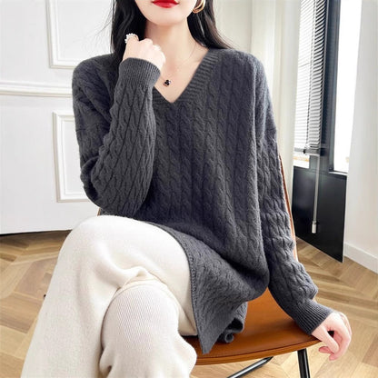 Damen Pullover V-Ausschnitt Lässig Zopfmuster Beige