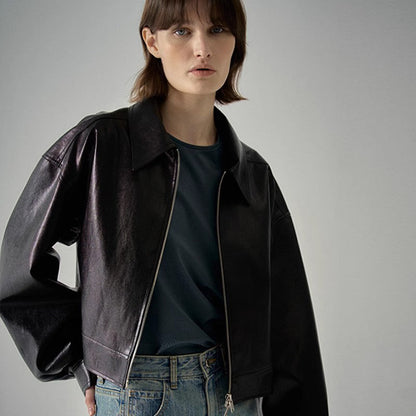 Damen Lederjacke Weit Schnitt Moderner Kragen Eveloria
