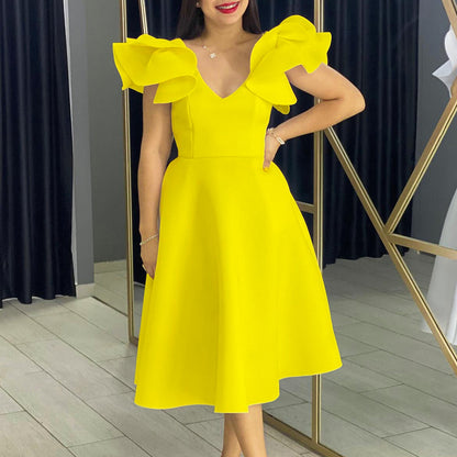 Damen Midi-Kleid Voluminöse Rüschenärmel Weit Schwingender Rock