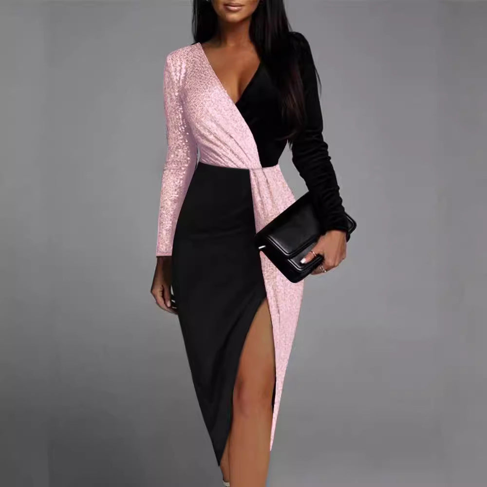 Damen Wickelkleid Asymmetrisch Langarm Eveloria