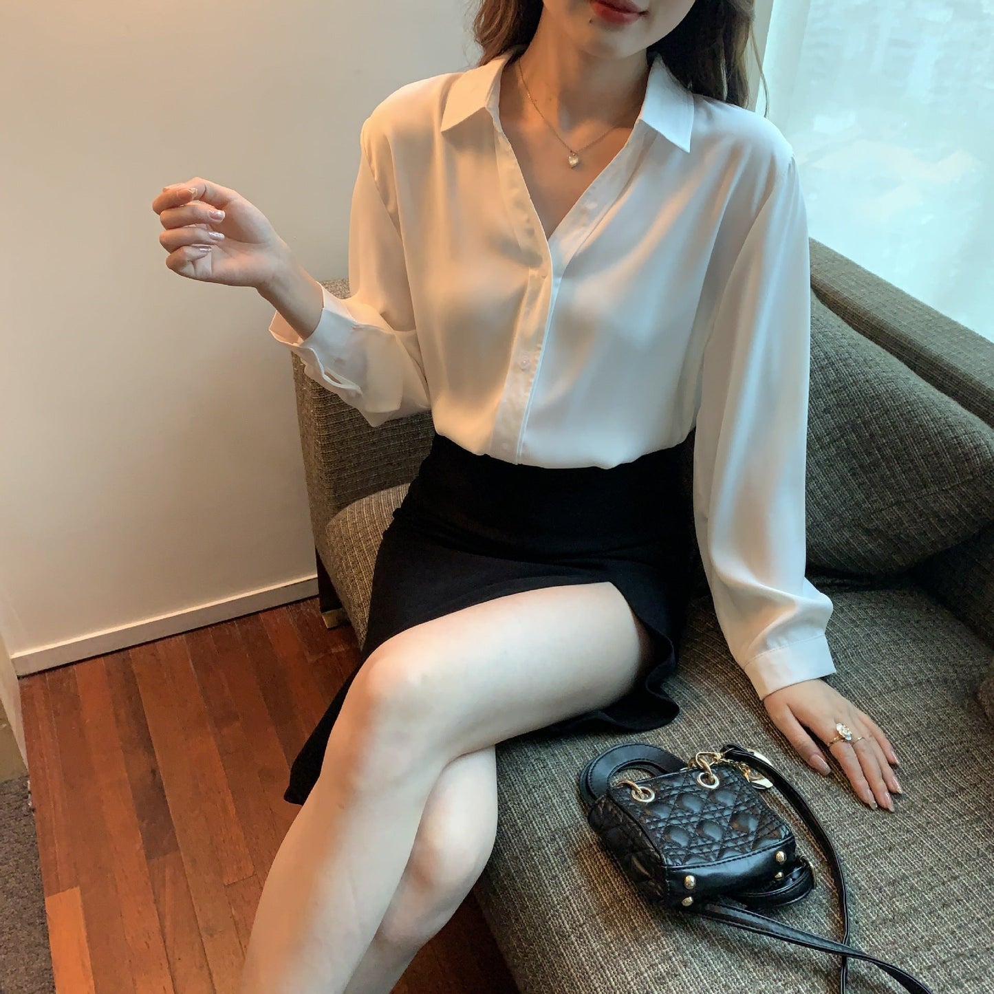 Damen Bluse Feiner Kragen Knopfverschluss Elegante Weiss