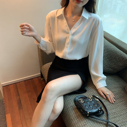Damen Bluse Feiner Kragen Knopfverschluss Elegante Weiss