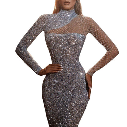 Eveloria Damen Pailletten-Kleid Langarm Transparent