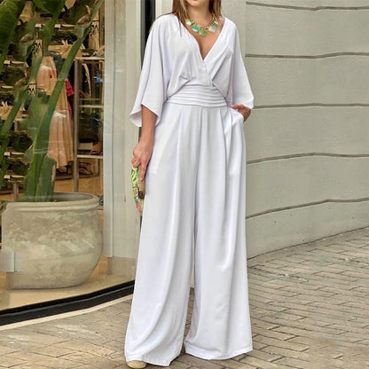 Damen High-Waist Jumpsuit Weites Bein Kimonoärmel Eveloria