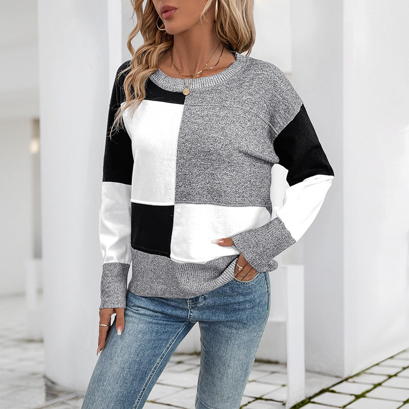 Damen Pullover Patchwork Rundhalsausschnitt Grau - Eveloria