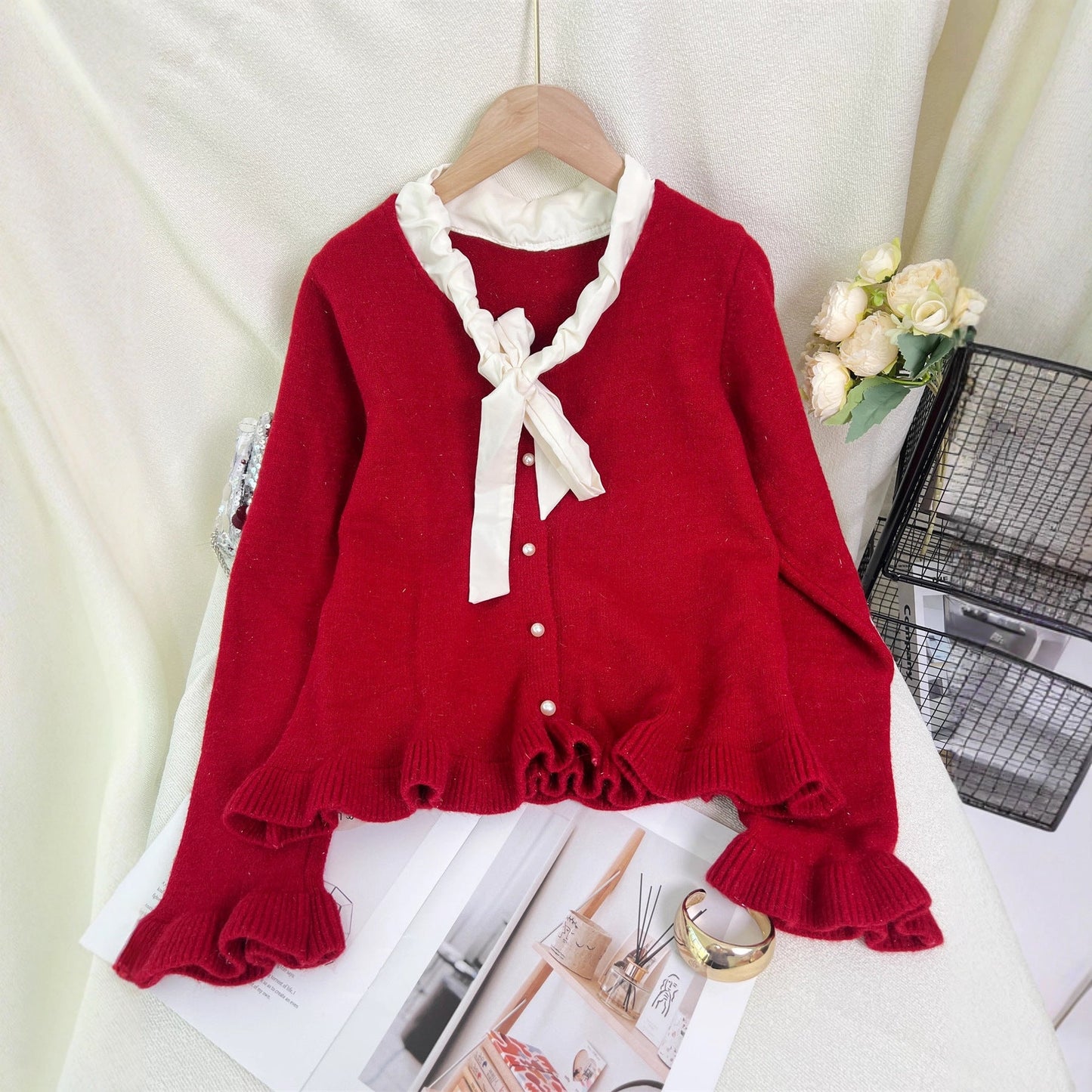 Damen Strickjacke Rüschen Schleifenkragen Elegante Eveloria