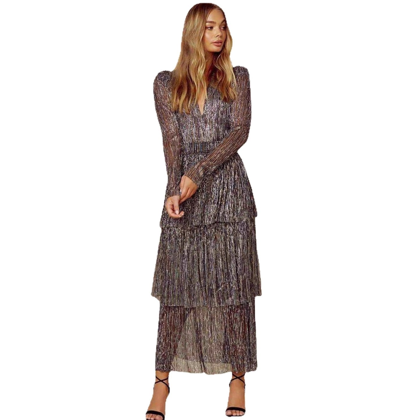 Damen Abendkleid mit V-Ausschnitt schillernde Lagen Eveloria