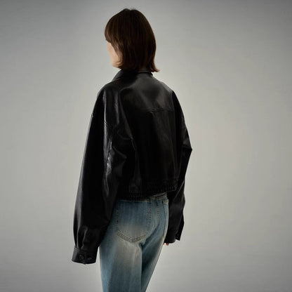 Damen Lederjacke Weit Schnitt Moderner Kragen Eveloria