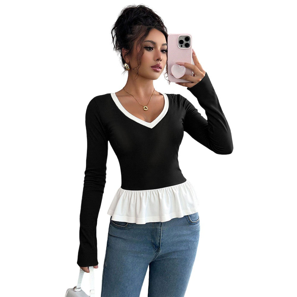 Damen Langarmshirt Rüschensaum V-Ausschnitt Eveloria