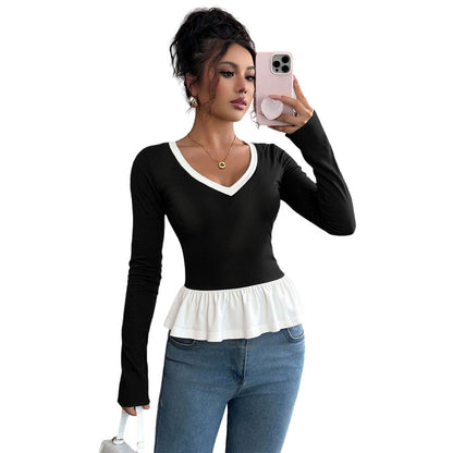 Damen Langarmshirt Rüschensaum V-Ausschnitt Eveloria