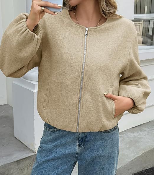 Damen Lässige Zip Jacke Ballonärmel Eveloria