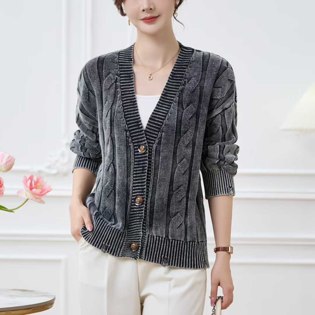 Damen Cardigan Grobstrick V-Ausschnitt Zopfmuster Beige