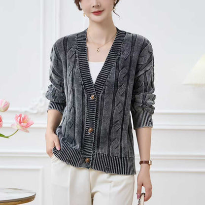 Damen Cardigan Grobstrick V-Ausschnitt Zopfmuster Beige