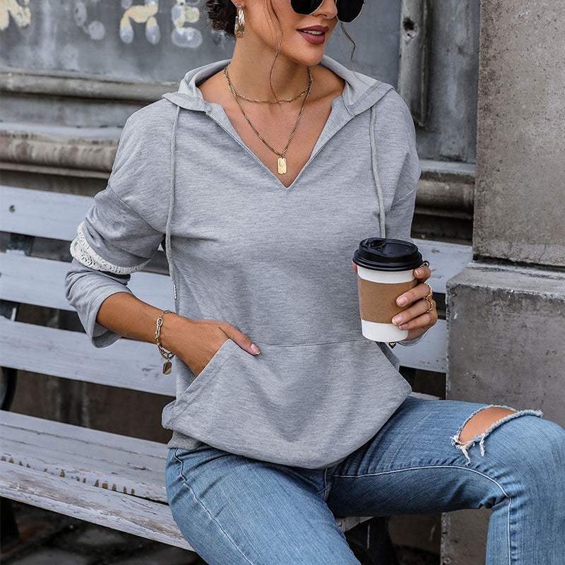 Damen Hoodie V-Ausschnitt Kontrastdetails Grau Eveloria - Eveloria
