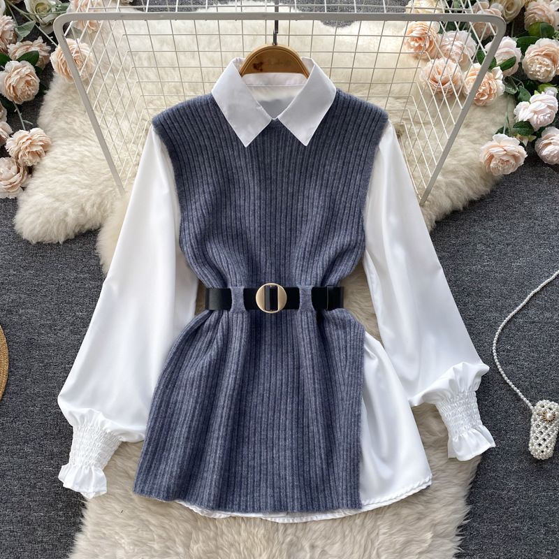 Damen Strickkleid Elegante Blusenoptik Eveloria