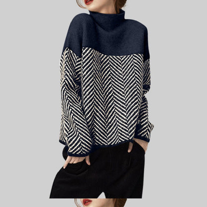 Damen Grobstrickpullover Hochgeschlossener Kragen Chevron Muster
