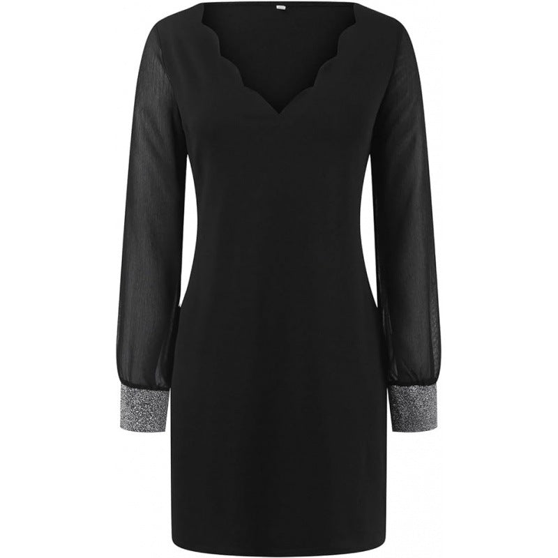 Damen Kleid mit transparenten Ärmeln V-Ausschnitt Eveloria