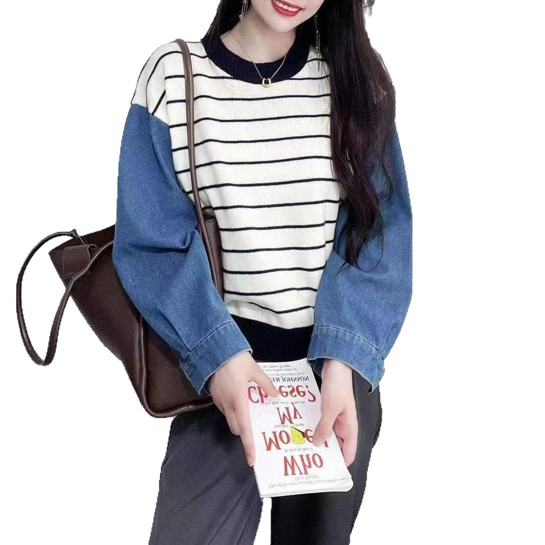 Damen Sweater mit Denim-Ärmeln Blau Eveloria